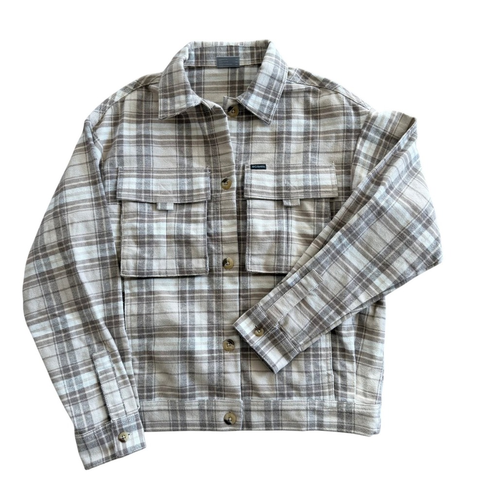 Columbia Women's Plaid Flannel‎ Shacket Shirt Jacket Beige Brown Button Front XS